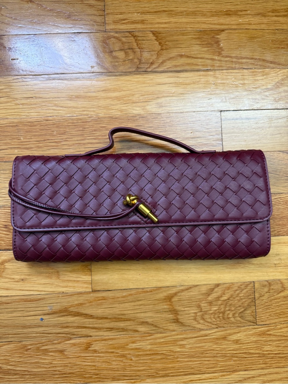Woven Burgundy Leather Top-Handle Clutch